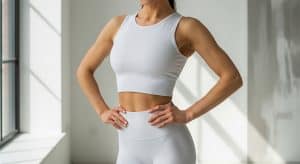 Woman showing off defined waistline after body contouring surgery following Ozempic weight loss.