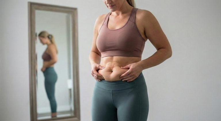 A woman holding excess loose skin on her abdomen following significant weight loss.