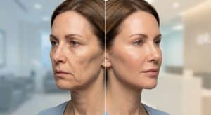 Before and after photos showing facial volume restoration to treat Ozempic face.