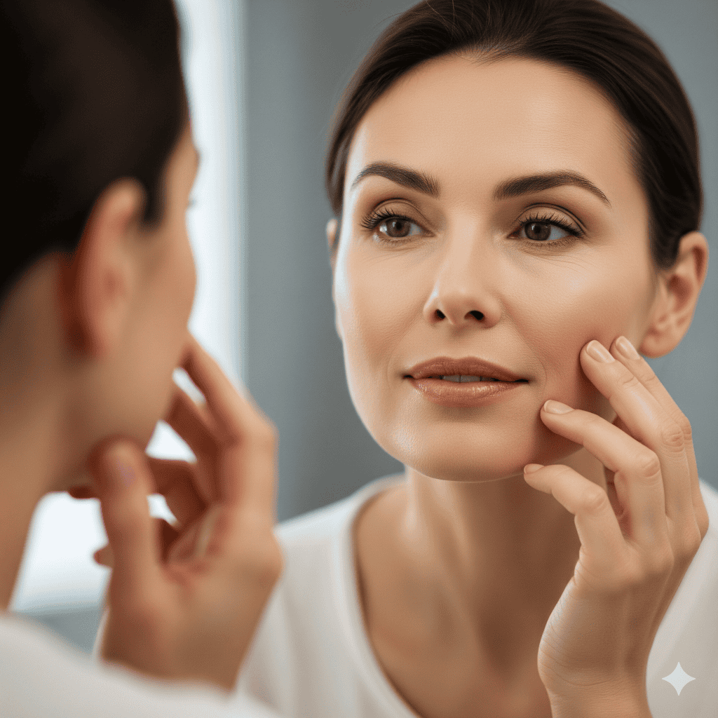 Woman examining her restored facial volume in a mirror, comparing results of fat transfer vs fillers.